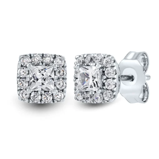 Lab Grown Diamond Princess-Cut Halo Earrings In 14K White Gold (1/2 Ct. Tw.)