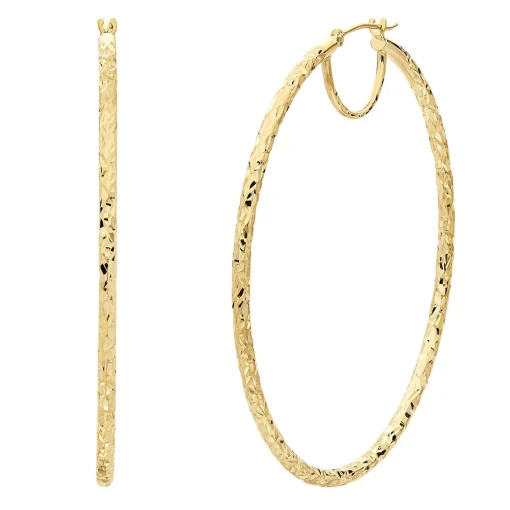 Large Hoop Earrings With Diamond Cut In 14K Yellow Gold