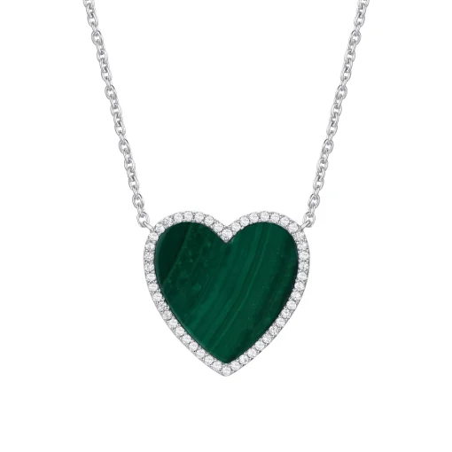 Malachite And Diamond Heart Necklace In Sterling Silver (1/4 Ct. Tw.)