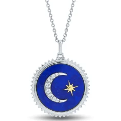 Medallion Necklace With Crescent Moon & Lapis In Sterling Silver