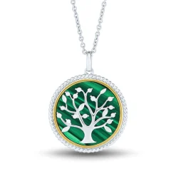 Medallion Necklace With Family Tree & Malachite In Sterling Silver
