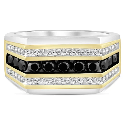 Men's Black And White Diamond Three-Row Ring In 10K White And Yellow Gold (1 1/2 Ct. Tw.)