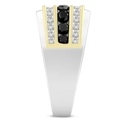 Men's Black And White Diamond Three-Row Ring In 10K White And Yellow Gold (1 1/2 Ct. Tw.)