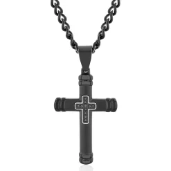 Men's Black Cross Necklace With Black Diamond Accents In Black Ion-Plated Stainless Steel