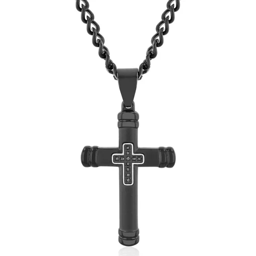 Men's Black Cross Necklace With Black Diamond Accents In Black Ion-Plated Stainless Steel
