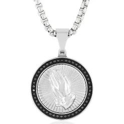 Men's Black Diamond Praying Hands Medallion Pendant In Stainless Steel, 24" (1/4 Ct. Tw.)