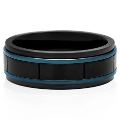 Men's Block Pattern Ring In Blue & Black Ion-Plated Stainless Steel, 8Mm