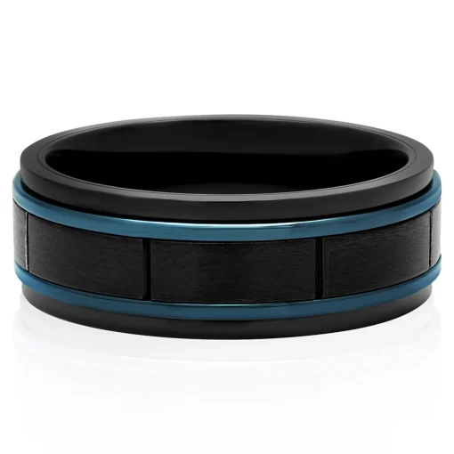 Men's Block Pattern Ring In Blue & Black Ion-Plated Stainless Steel, 8Mm