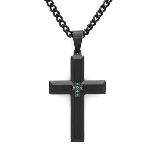 Men's Blue Diamond Cross Pendant In Stainless Steel