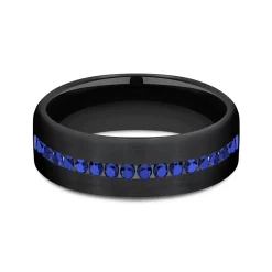 Men's Blue Sapphire Wedding Band In Black Titanium, 6.5Mm