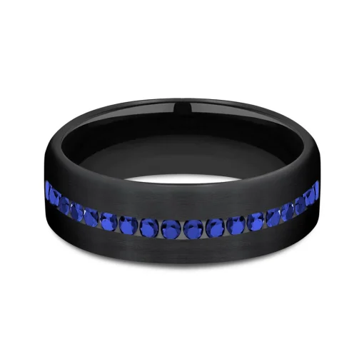 Men's Blue Sapphire Wedding Band In Black Titanium, 6.5Mm