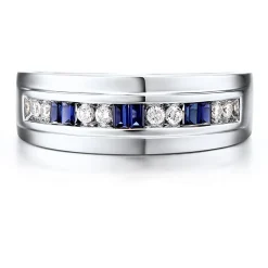 Men's Diamond & Blue Sapphire Ring In 10K White Gold