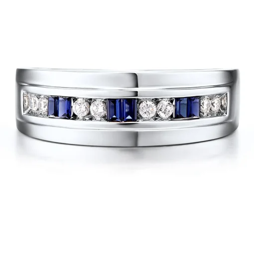 Men's Diamond & Blue Sapphire Ring In 10K White Gold