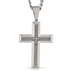 Men's Diamond Cross Necklace In Stainless Steel, 24"