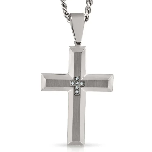 Men's Diamond Cross Necklace In Stainless Steel, 24"