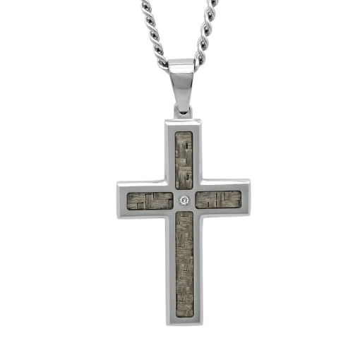 Men's Diamond Cross Pendant In Stainless Steel & Carbon Fiber