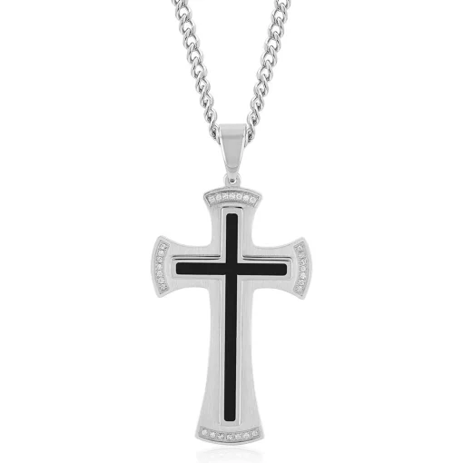 Men's Diamond Cross Pendant With Black Resin In Stainless Steel (1/8 Ct. Tw.)