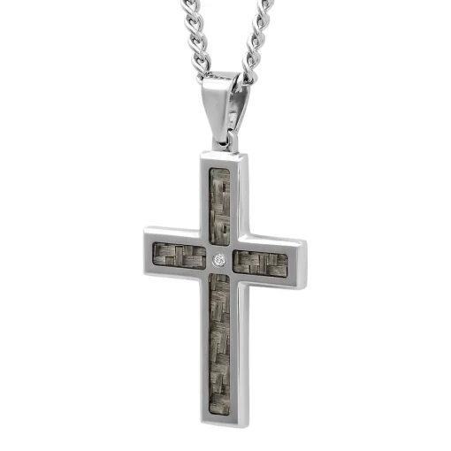 Men's Diamond Cross Pendant In Stainless Steel & Carbon Fiber