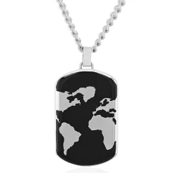 Men's Dog Tag Pendant With World Map In Stainless Steel
