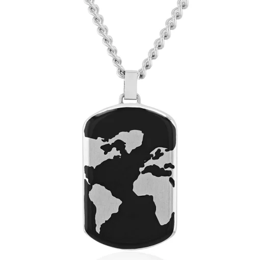 Men's Dog Tag Pendant With World Map In Stainless Steel