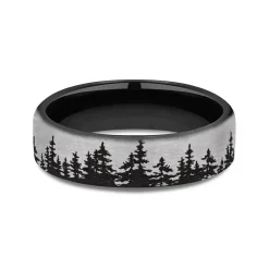 Men's Engraved Wedding Band With Tree Pattern In Black Titanium, 6.5Mm