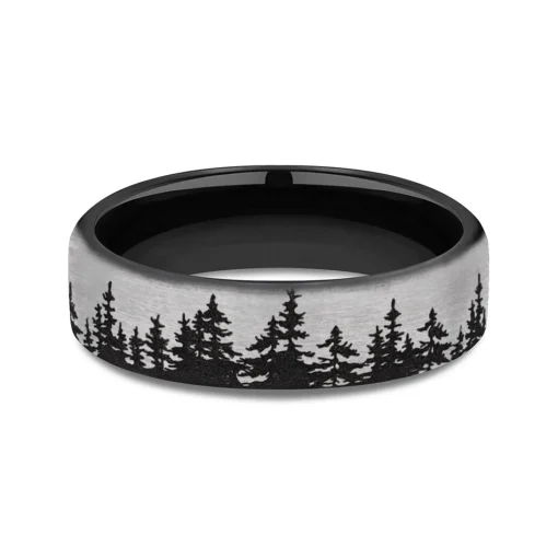 Men's Engraved Wedding Band With Tree Pattern In Black Titanium, 6.5Mm