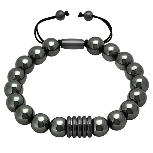 Men's Grey Hematite Beaded Bolo Bracelet In Stainless Steel
