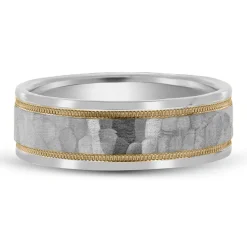Men's Hammered Milgrain Wedding Band In 10K White & Yellow Gold, 7Mm