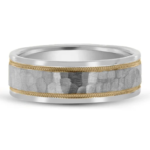 Men's Hammered Milgrain Wedding Band In 10K White & Yellow Gold, 7Mm