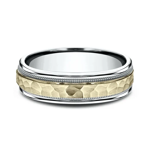 Men's Hammered Milgrain Wedding Band In 10K White & Yellow Gold, 6Mm