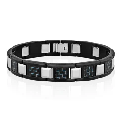 Men's Link Bracelet With Blue Carbon Fiber In Black Ion-Plated Stainless Steel