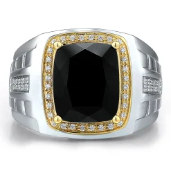 Men's Onyx And Diamond Ring In Sterling Silver And 10K Yellow Gold (1/7 Ct. Tw.)