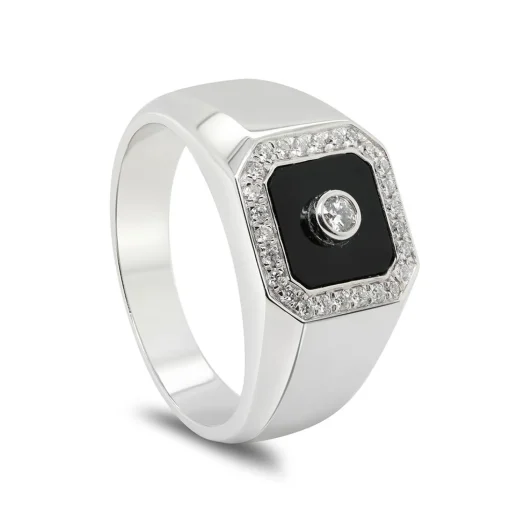 Men's Onyx And Diamond Ring In Sterling Silver (1/3 Ct. Tw.)