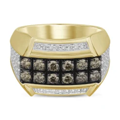 Men's Signet Ring With White & Champagne Diamonds In 10K Yellow Gold (1 1/2 Ct. Tw.)