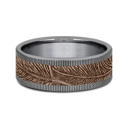 Men's Tantalum Wedding Band With Feather Detail With 14K Rose Gold