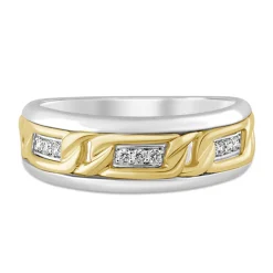 Men's Two-Tone Diamond Ring With Chain Link Design In Sterling Silver & 10K Yellow Gold (1/10 Ct. Tw.)