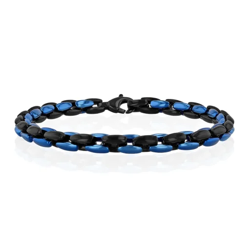 Men's Two-Tone Link Bracelet In Black & Blue Ion-Plated Stainless Steel