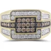 Men's White & Champagne Diamond Cluster Ring In 10K Yellow Gold (1 Ct. Tw.)