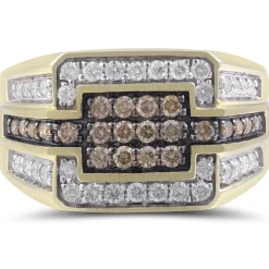 Men's White & Champagne Diamond Cluster Ring In 10K Yellow Gold (1 Ct. Tw.)