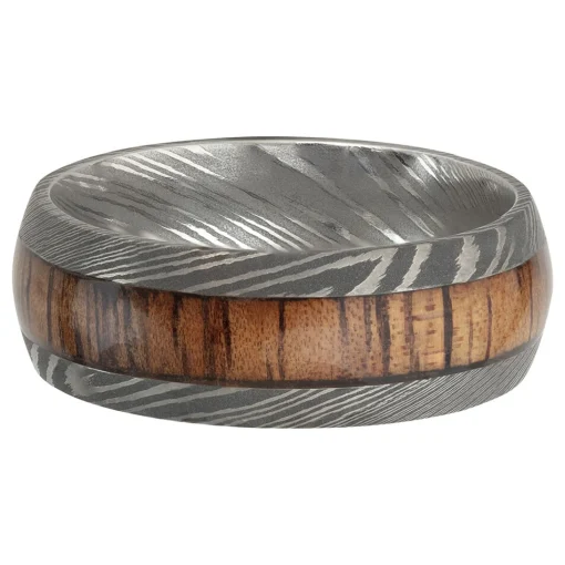Men's Wood Inlay Wedding Band In Damascus Steel