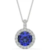 Moissanite & Lab Created Blue Sapphire Halo Pendant In 14K White Gold