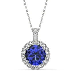 Moissanite & Lab Created Blue Sapphire Halo Pendant In 14K White Gold
