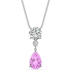 Moissanite & Lab Created Pear-Shaped Pink Sapphire Pendant In 14K White Gold