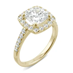 Moissanite Cushion-Cut Halo Ring In 14K Yellow Gold (2 5/8 Ct. Tw.)