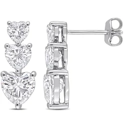 Moissanite Drop Earrings With Heart-Shaped Stones In Sterling Silver