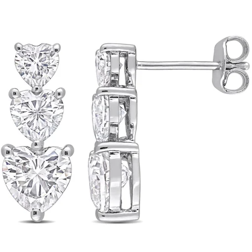 Moissanite Drop Earrings With Heart-Shaped Stones In Sterling Silver