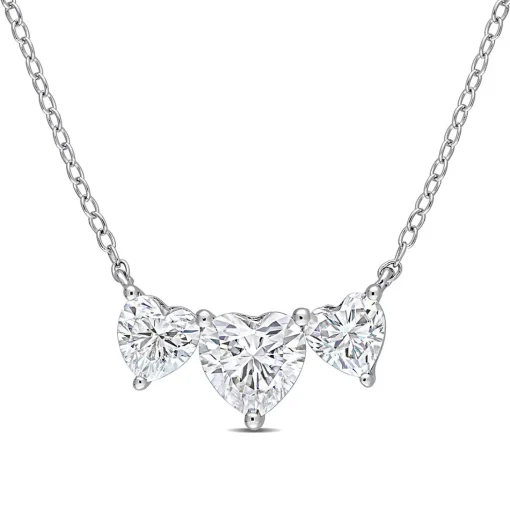 Moissanite Necklace With Three Heart-Shaped Stones In Sterling Silver (2 Ct. Tw.)