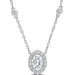 Moissanite Oval Halo Pendant In Sterling Silver