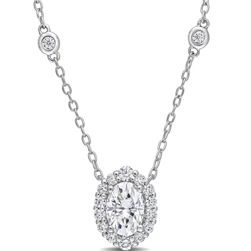 Moissanite Oval Halo Pendant In Sterling Silver