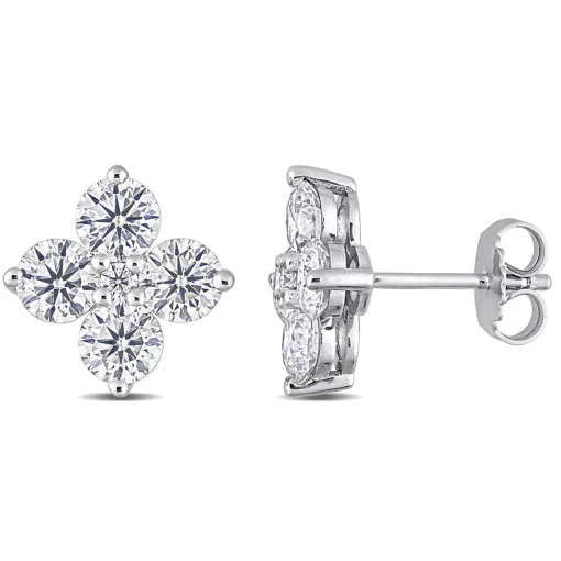 Moissanite Stud Earrings With Clover-Shaped Clusters In Sterling Silver (3 1/4 Ct. Tw.)